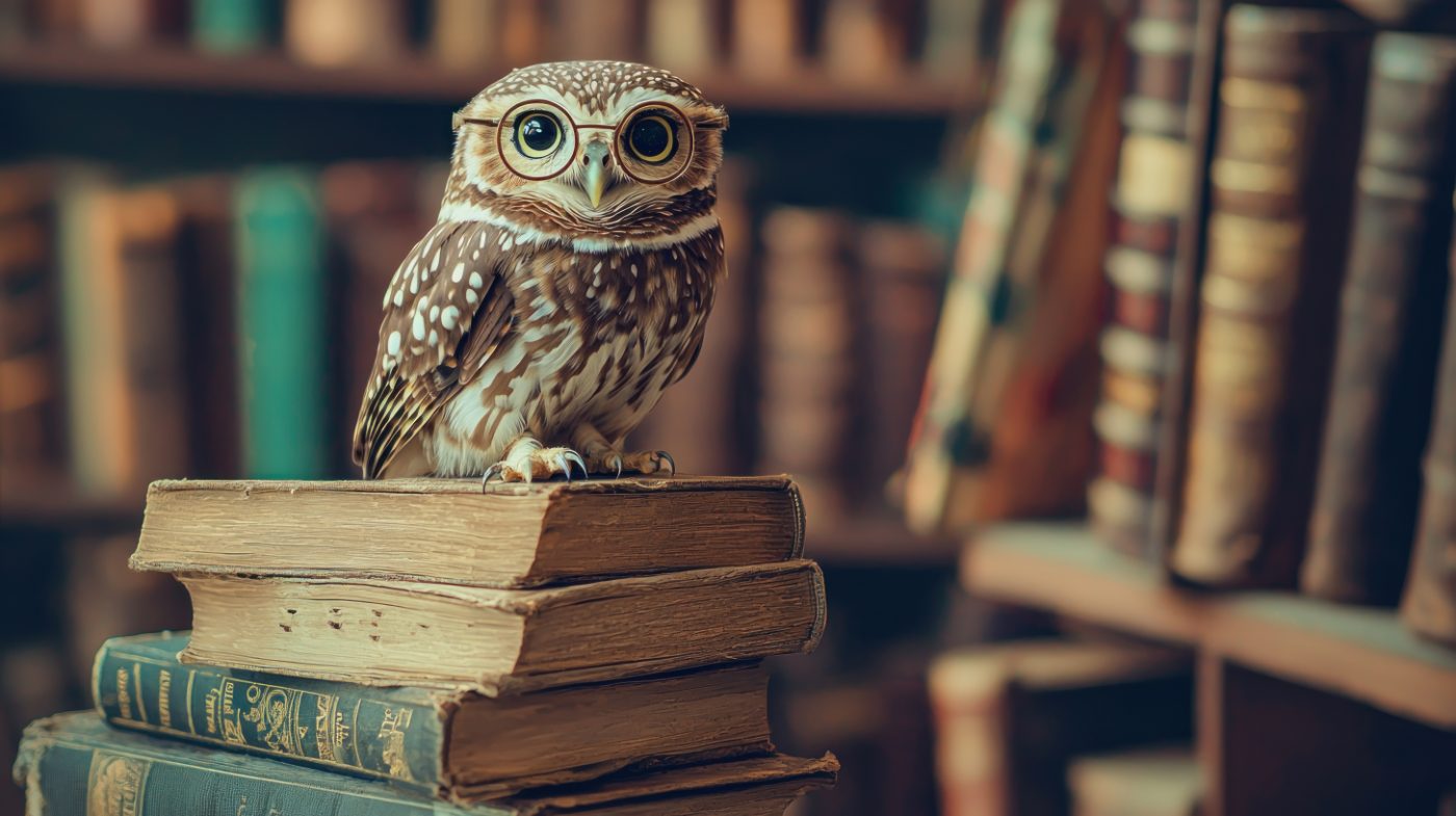 Eule mit Brille auf alten Büchern — Sinnbild für Bildung und Artiviva