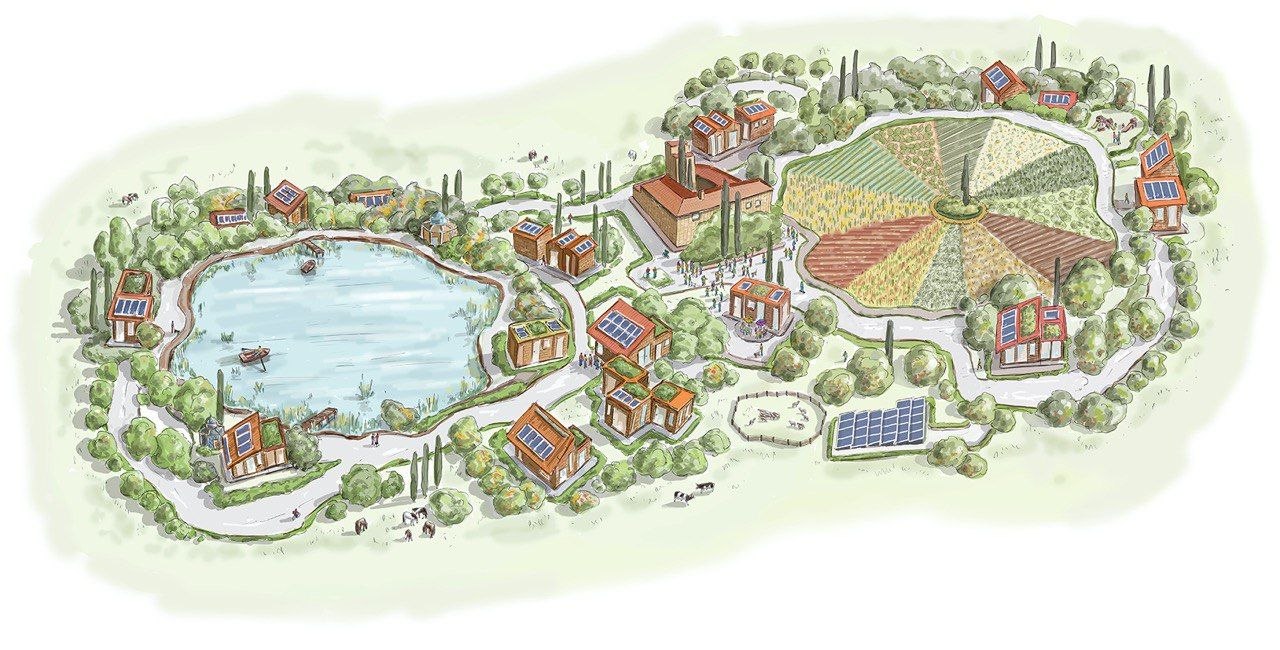 Illustrierte Vogelperspektive eines Arts Village — See, Höfe mit Solardächern, radiale Felder und Wege