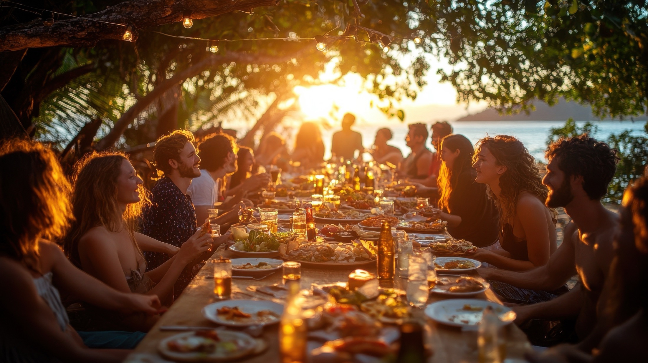 Gesellige Runde an der langen Tafel im Village
