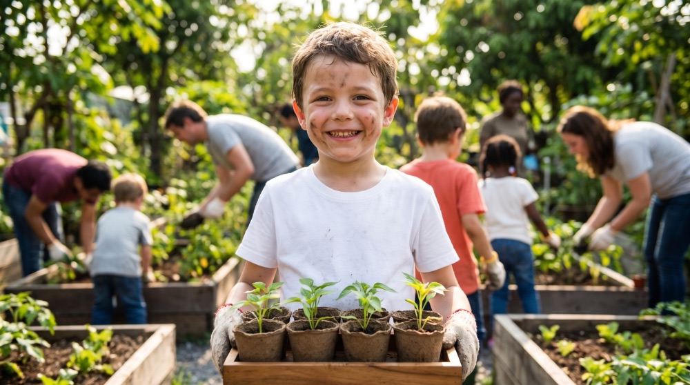 Junge trägt eine Kiste mit Setzlingen im Gemeinschaftsgarten